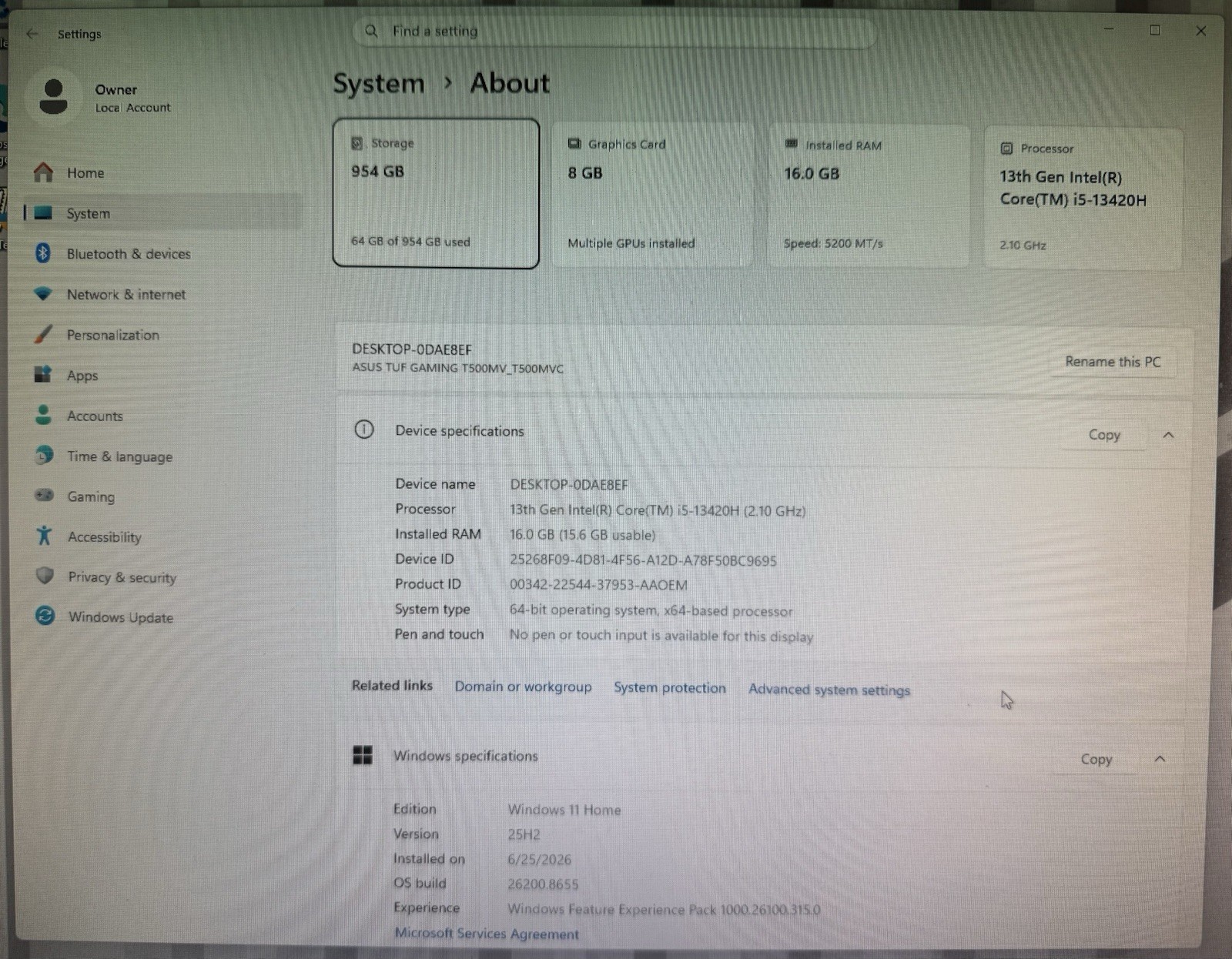 Asus TUF Gaming T500 1TB SSD Intel Core i5-13420H RTX 5060 Ti 16GB Desktop PC