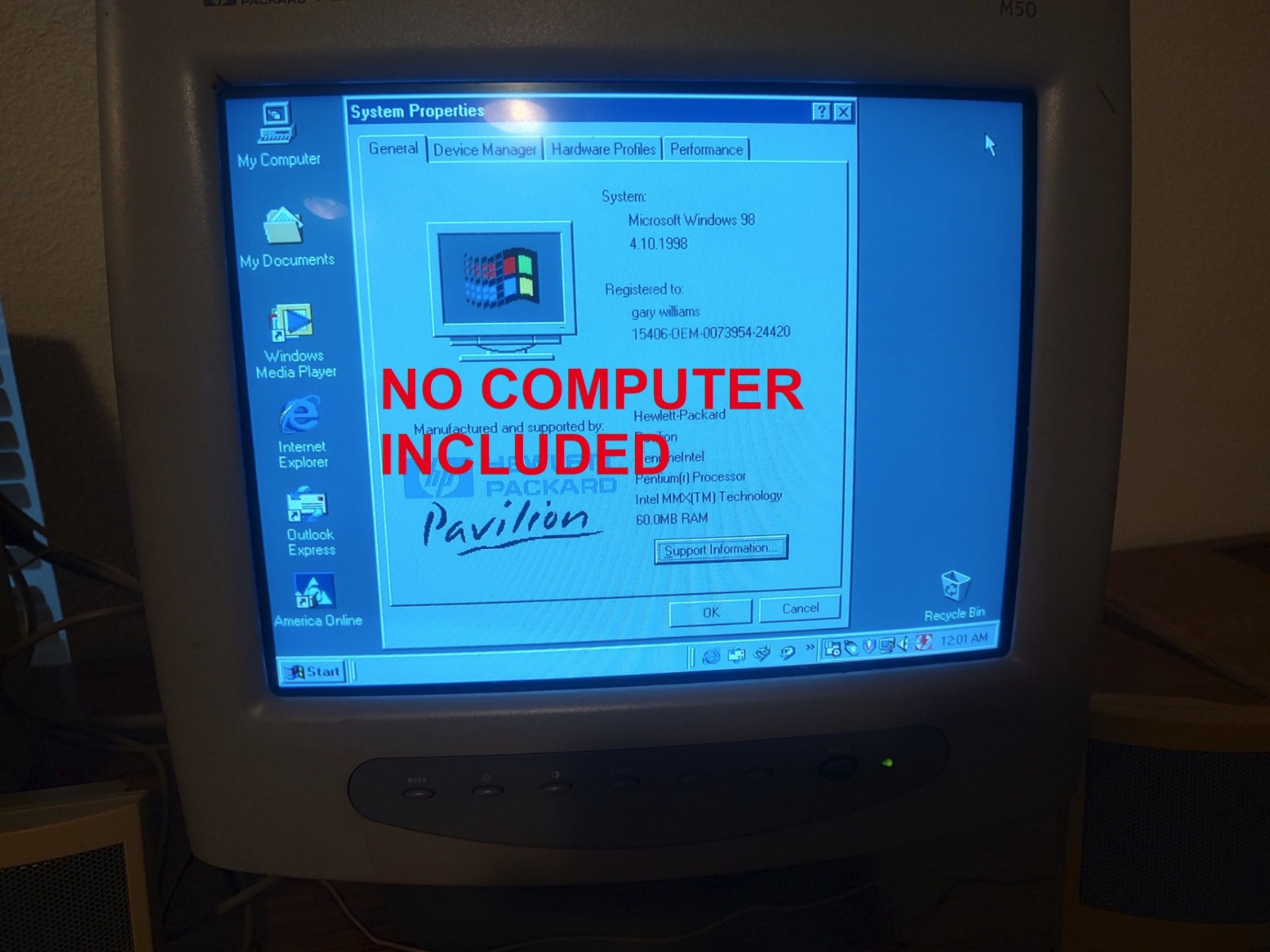 HP Pavilion M50 Hewlett Packard Model D5258A 15″ CRT Monitor 1998 Beige ONLY