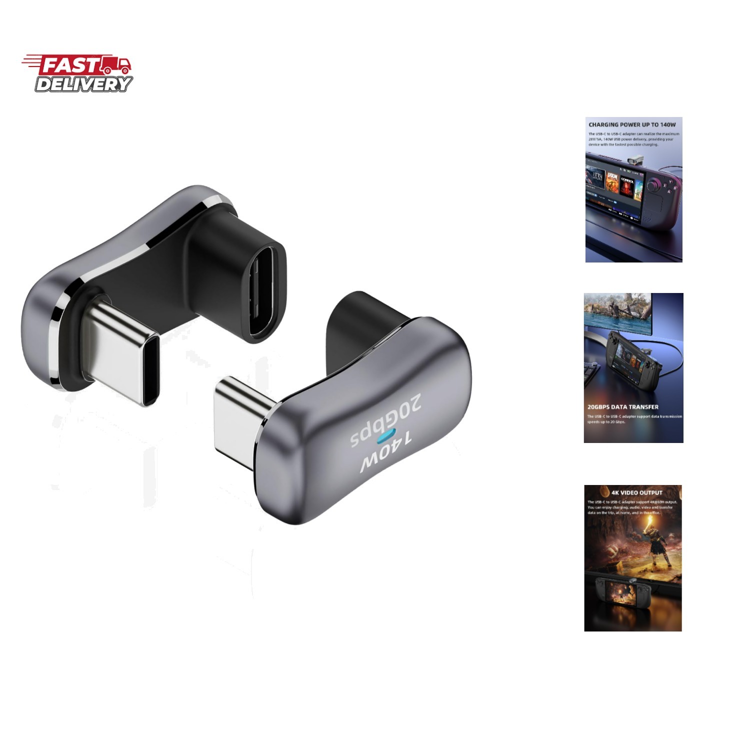 180 Degree Angle USB C Adapter 2 Pack, Grey | U Shape Type C Male to Female 2…