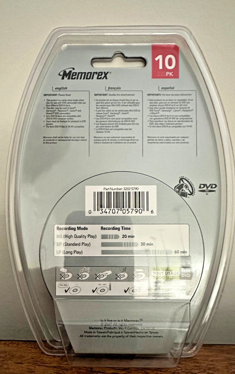 MEMOREX Mini DVD+RW 10 Pack Rewriteable DVD DVD Camcorder 1.4GB 30 min Sealed