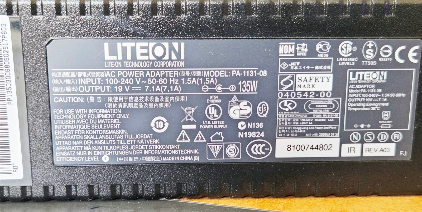 Genuine LiteOn AC Power Adapter PA-1131-08 19V 7.1A 135W 50-60 Hz WORKS GREAT