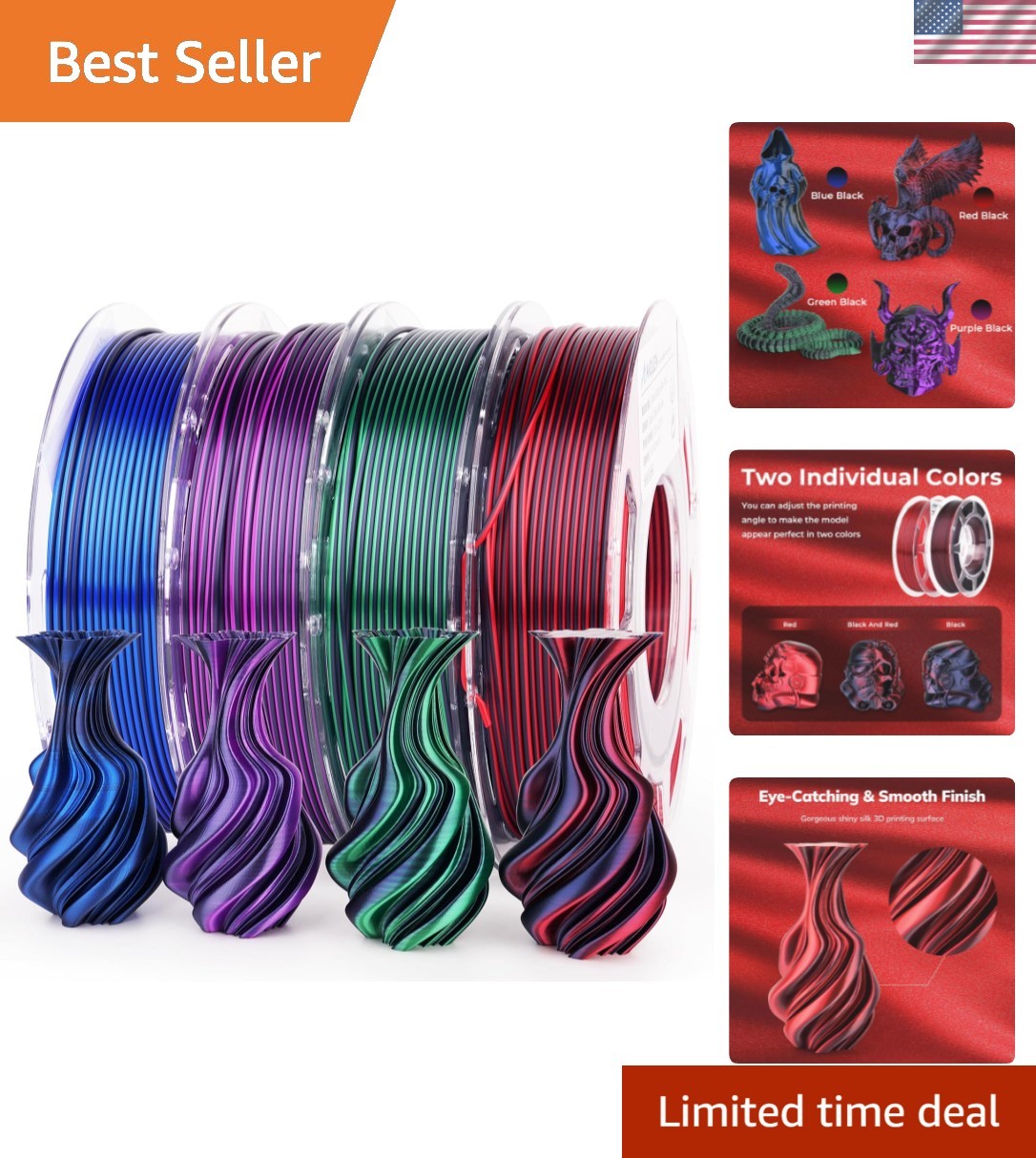 Silk PLA 3D Printer Filament Bundle, Shiny Dual Color PLA Filament 1.75mm Pac…