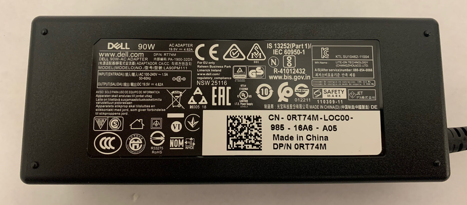 GENUINE DELL 90W LA90PM111 RT74M 19.5V 4.62A 4.5mm AC ADAPTER CHARGER OEM TESTED