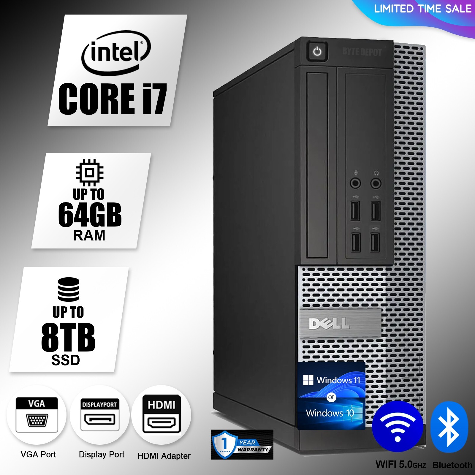 DELL Desktop Computer PC i7, up to 64GB RAM, 8TB SSD, Windows 10/11 Pro, WiFi BT