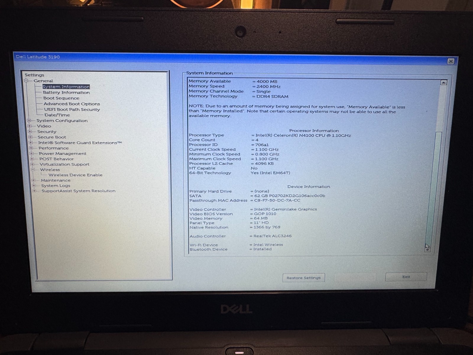 Dell Latitude 3190 Laptop – Used, Intel CPU, 4gb Ram, 62gb HD