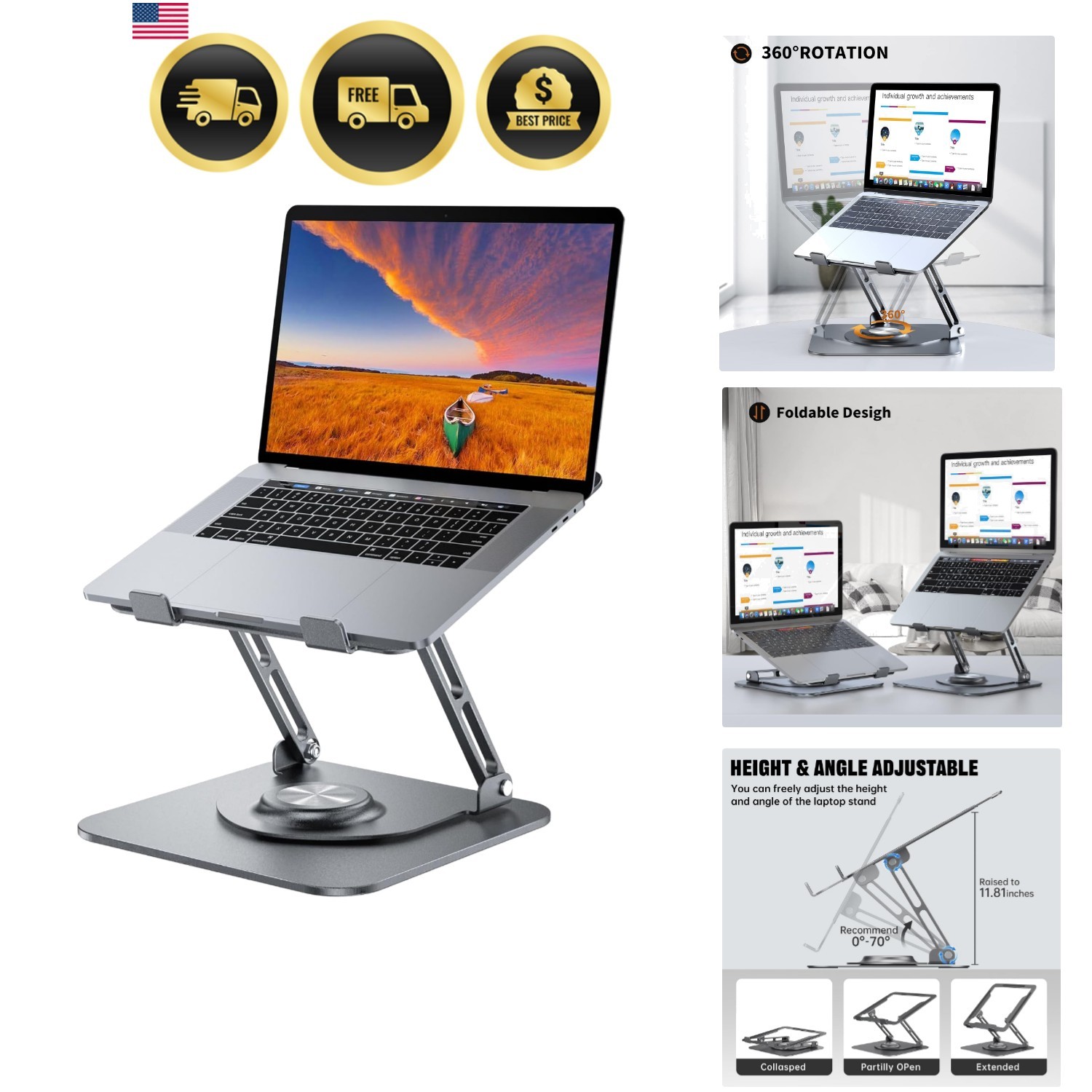 Laptop Stand for Desk, Adjustable Computer Stand with 360° Rotating Base, Erg…