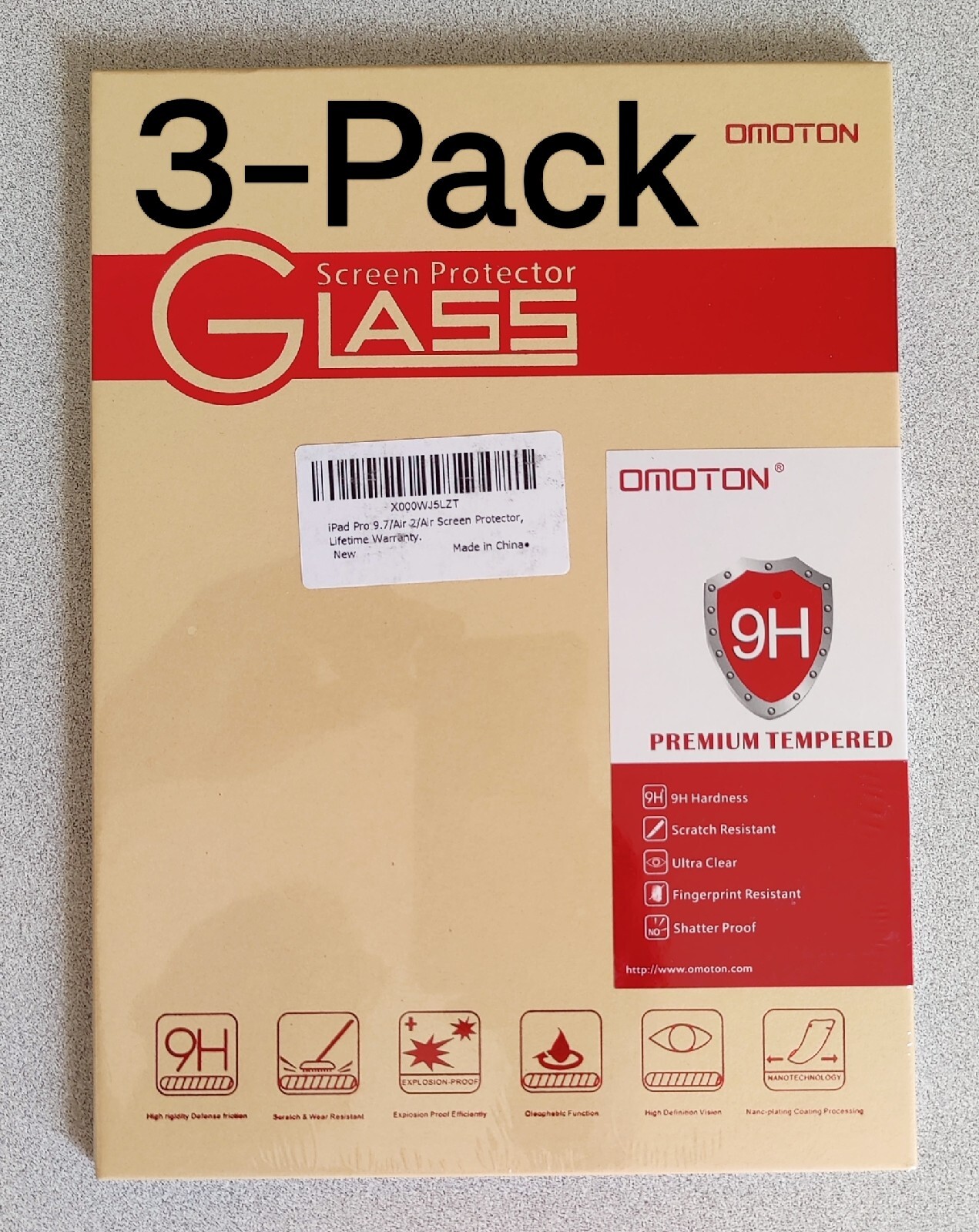 3-Pack Premium Tempered Glass Screen Protector: Apple iPad Pro 9.7″, Air 2, Air