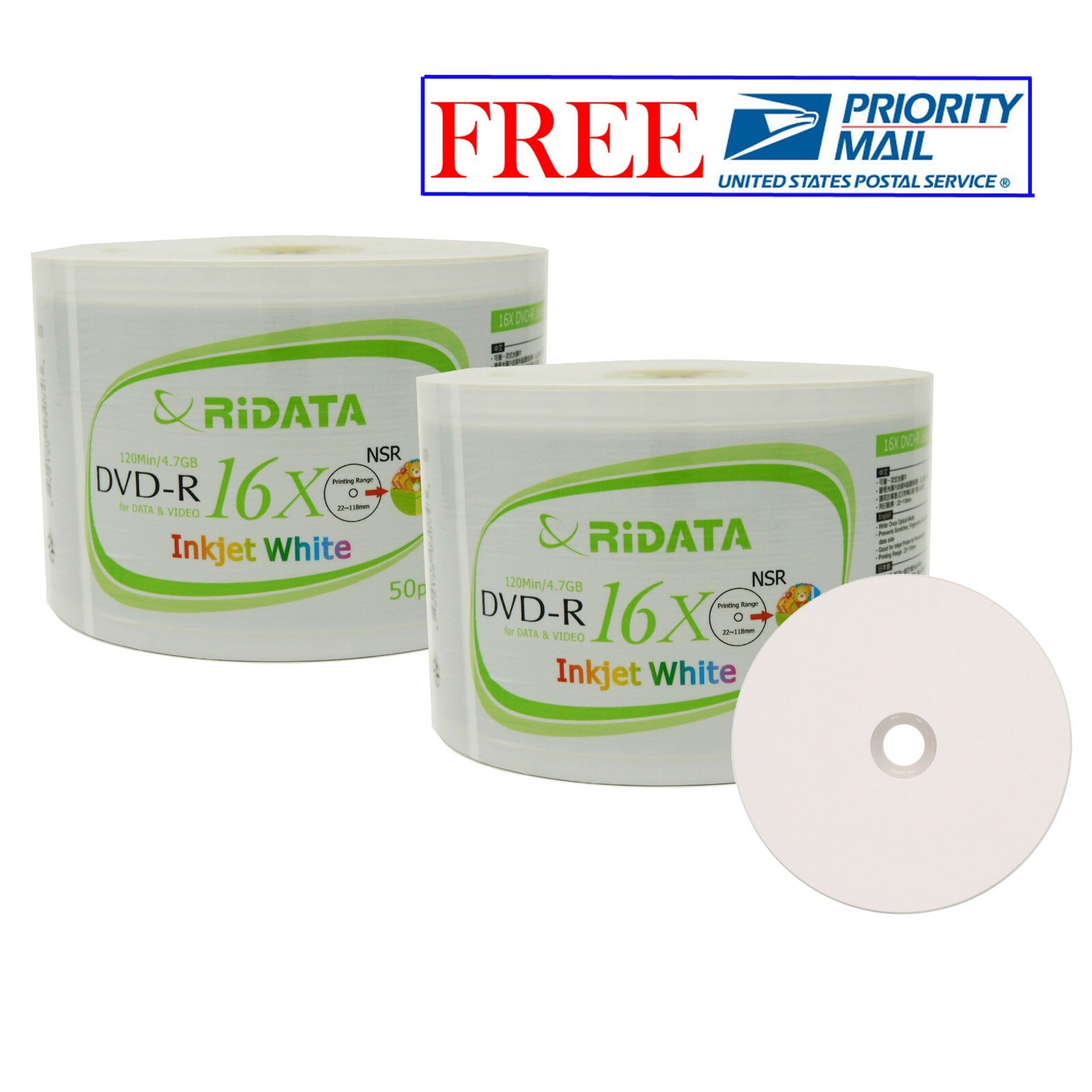 100 Pack Ridata DVD-R 16X 4.7GB White Inkjet Hub Printable Blank Recordable Disc