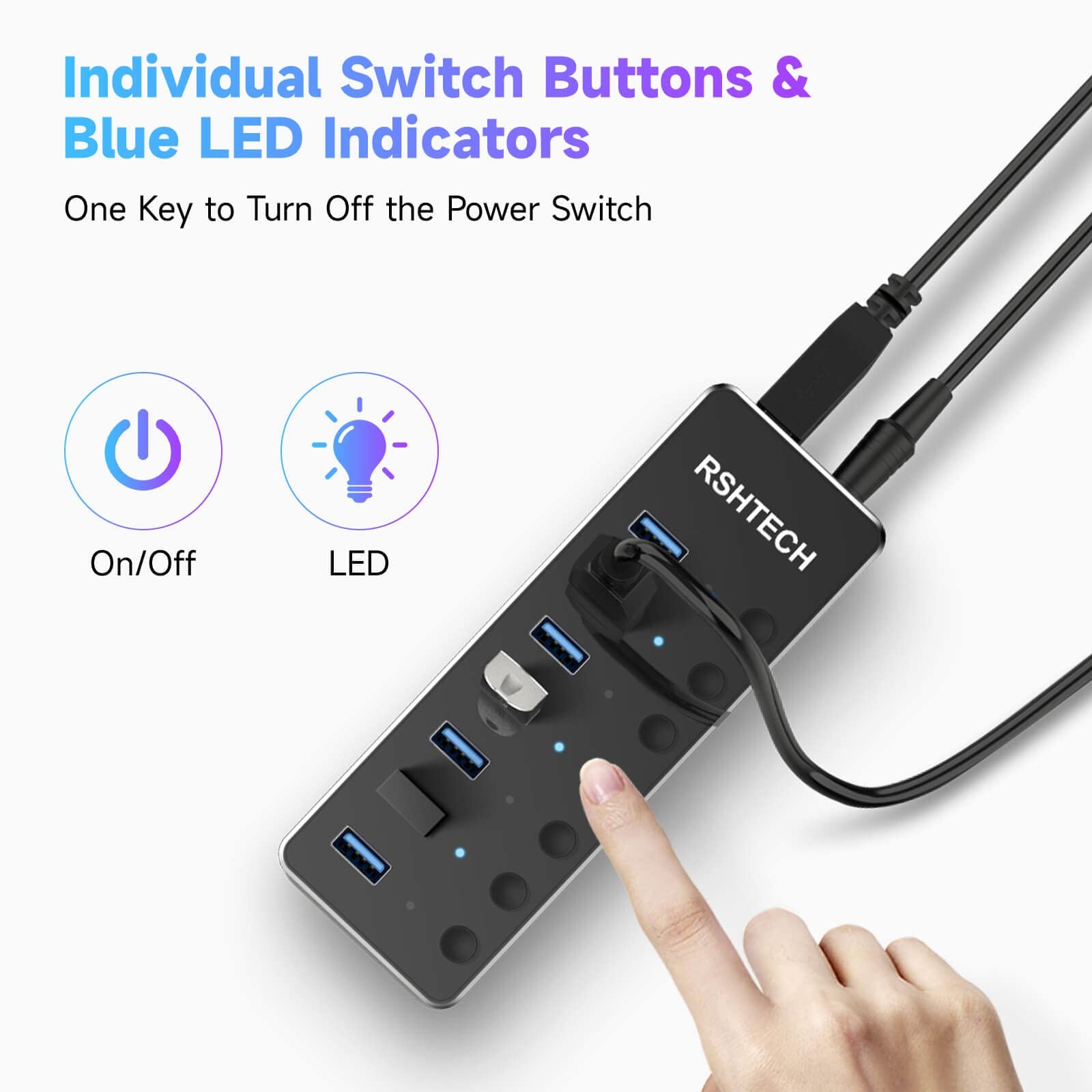 Powered 7 Port USB 3.0/USB C Hub Aluminum Splitter 2In1 Cable 5V 3A Adapter