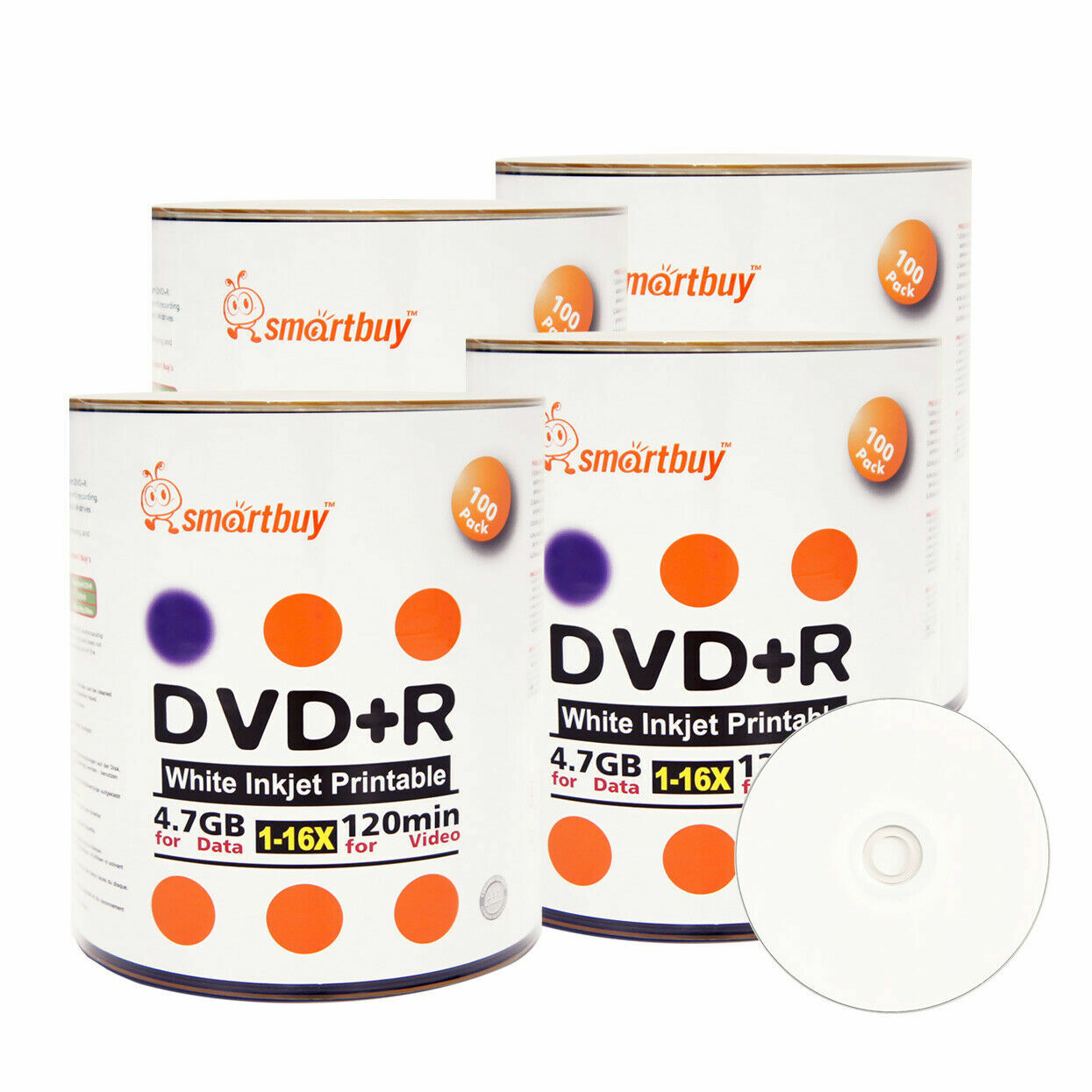 400 Smartbuy 16X DVD+R 4.7GB White Inkjet Hub Blank Printable Recording Disc