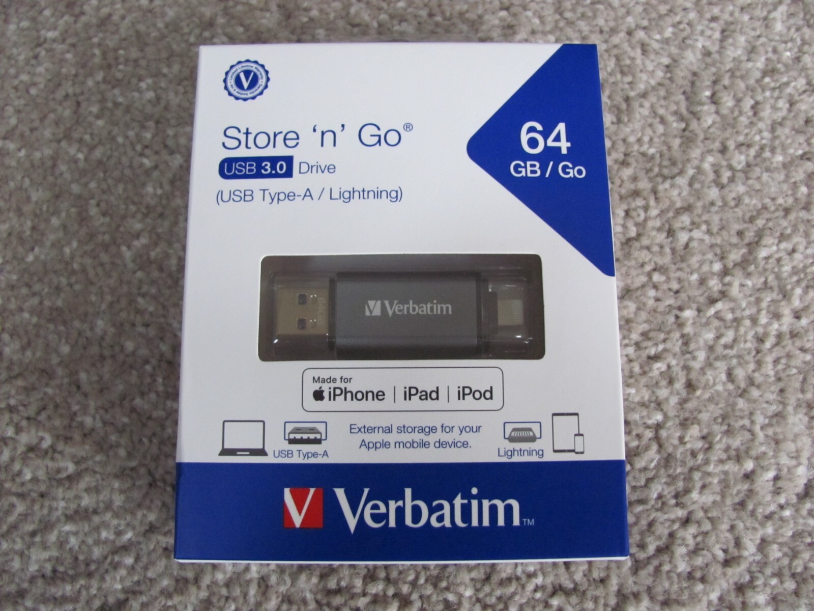 New Verbatim iStore ‘n’ Go Dual 64GB USB 3.0 Flash Drive (USB Type-A/Lightning)