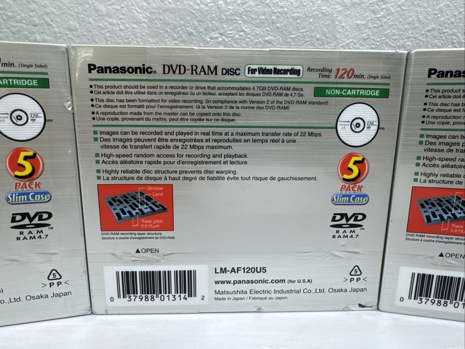 Lot Of 3 Panasonic LM-AF120LU5 DVD Ram Disc 120 Min. 5 Packs – Brand NEW!