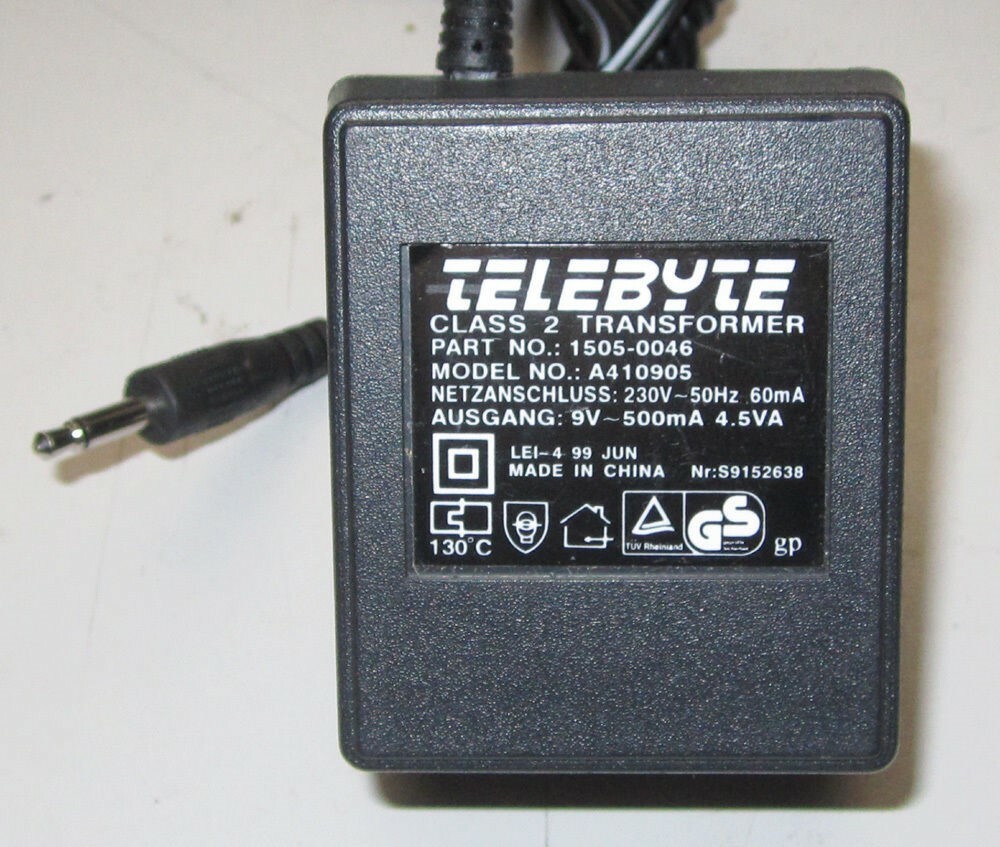Telebyte Class 2 Transformer A410905 Power Supply AC 9V 500mA
