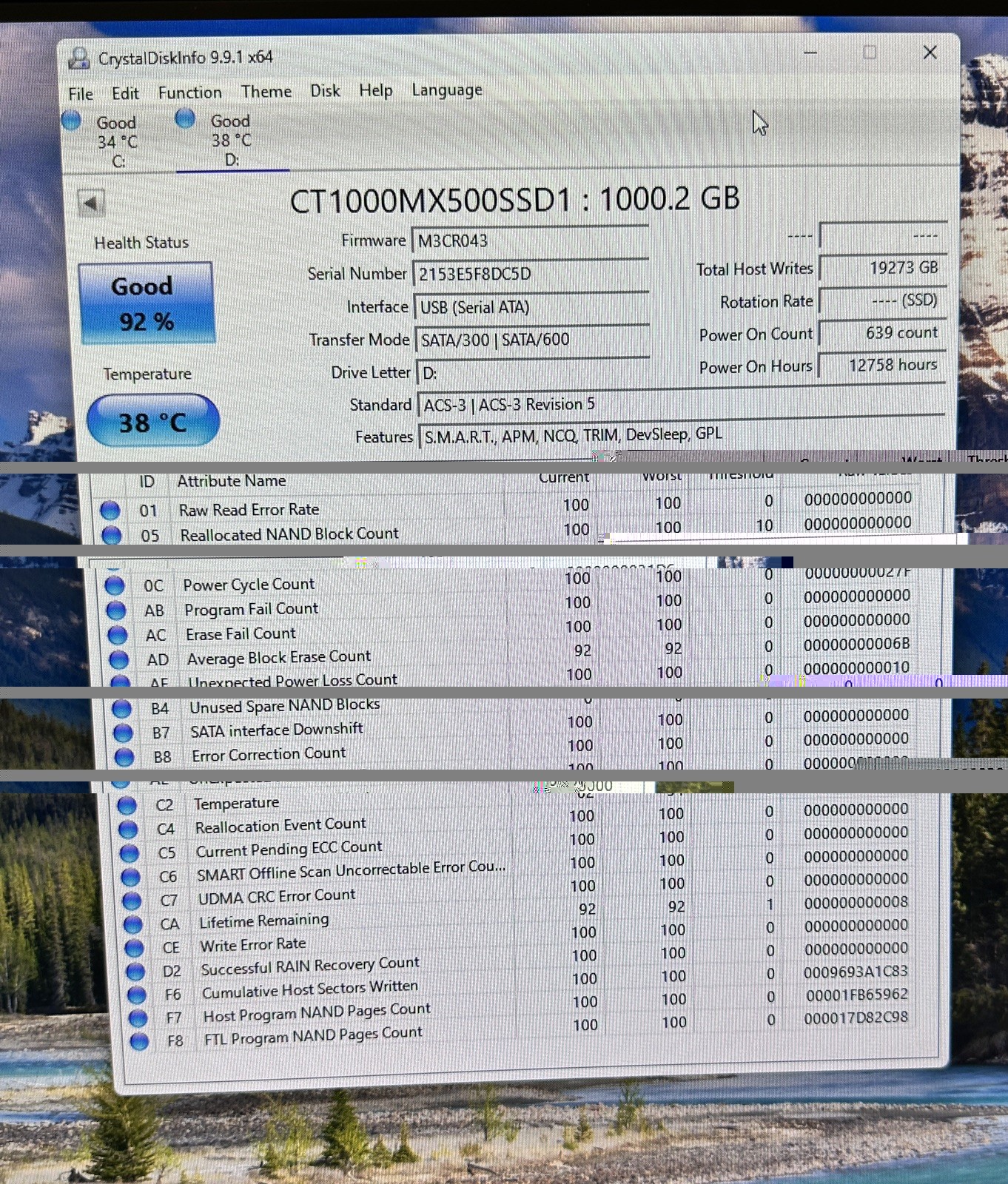 Crucial MX500 1TB SATA III 2.5” SSD CT1000MX500SSD1 Tested 92% Health