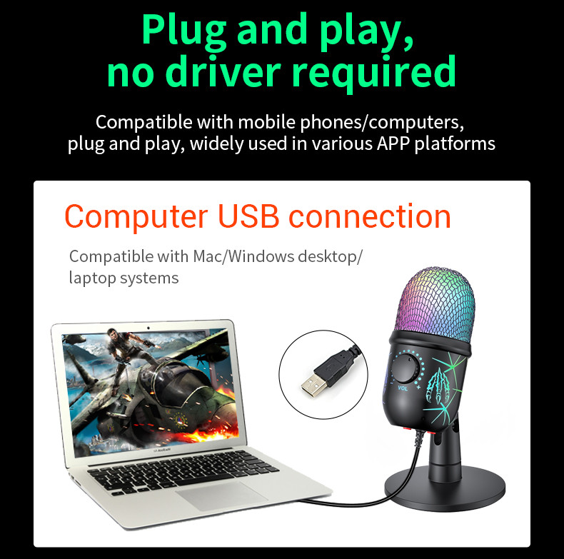 Gaming Microphone USB Computer Microphone for PC Mac PS4/5 Condenser Podcast RGB
