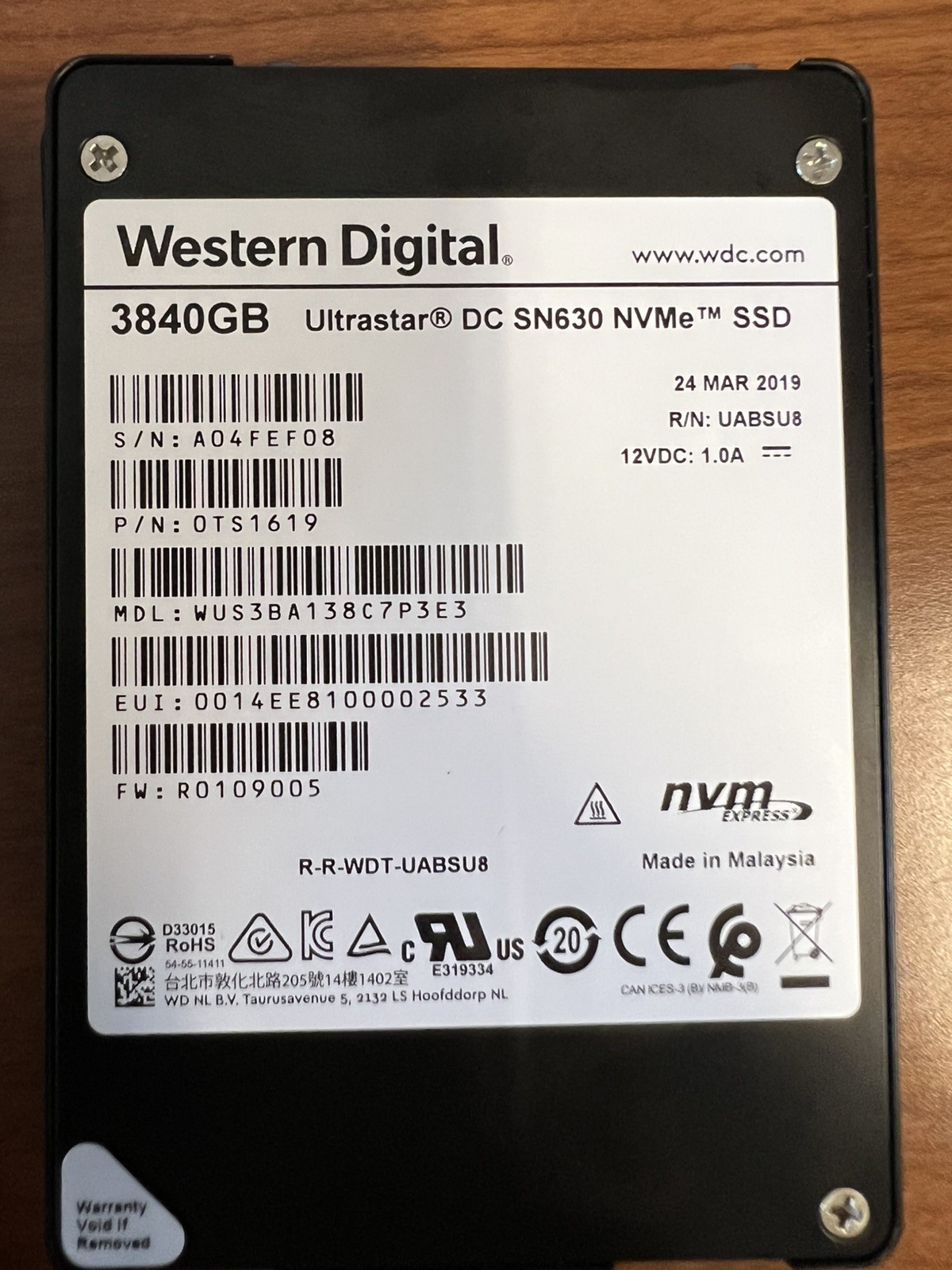 WD Ultrastar DC SN630 3.84TB PCIE3.0 NVMe 2.5in SSD WUS3BA138C7P3E3