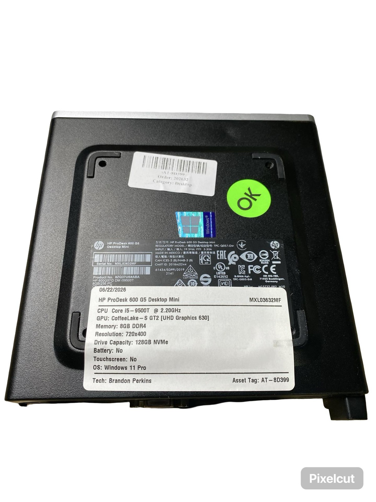 HP ProDesk 600 G5 Desktop Mini Corei5 9500T 8GB Win11Pro 128GB Grade C