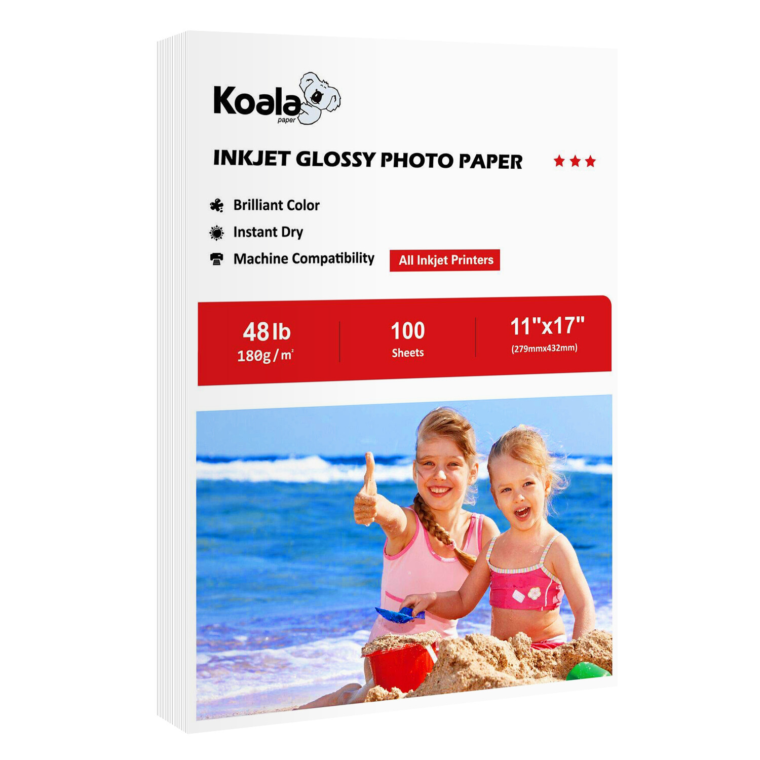 Koala Premium Glossy Photo Paper 11×17 100 Sheets 48lb 180g for Inkjet HP Epson