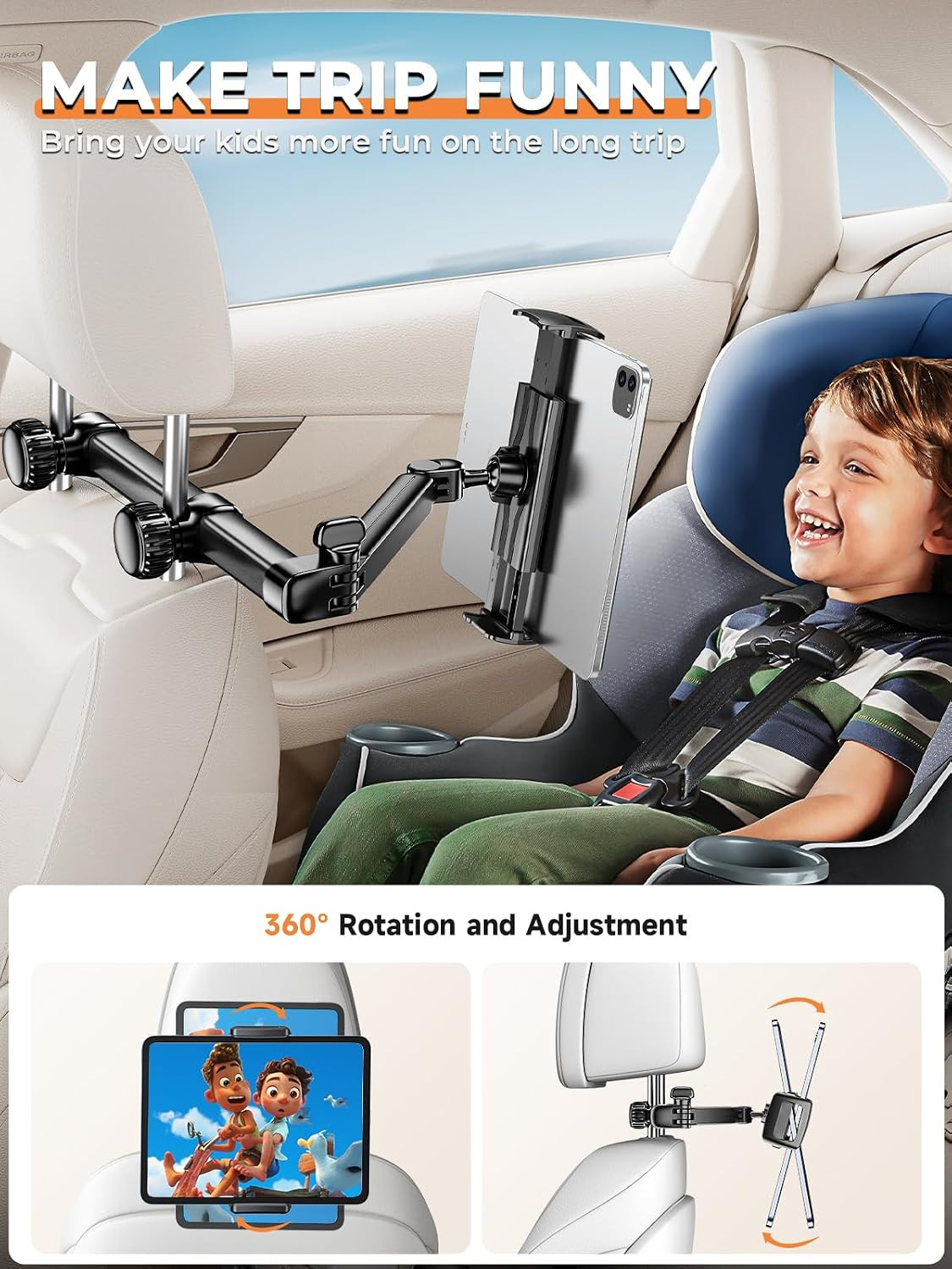 Headrest Tablet Holder for Car Accessories : [18.11-Inch Long Arm] 3-In-1 Backse