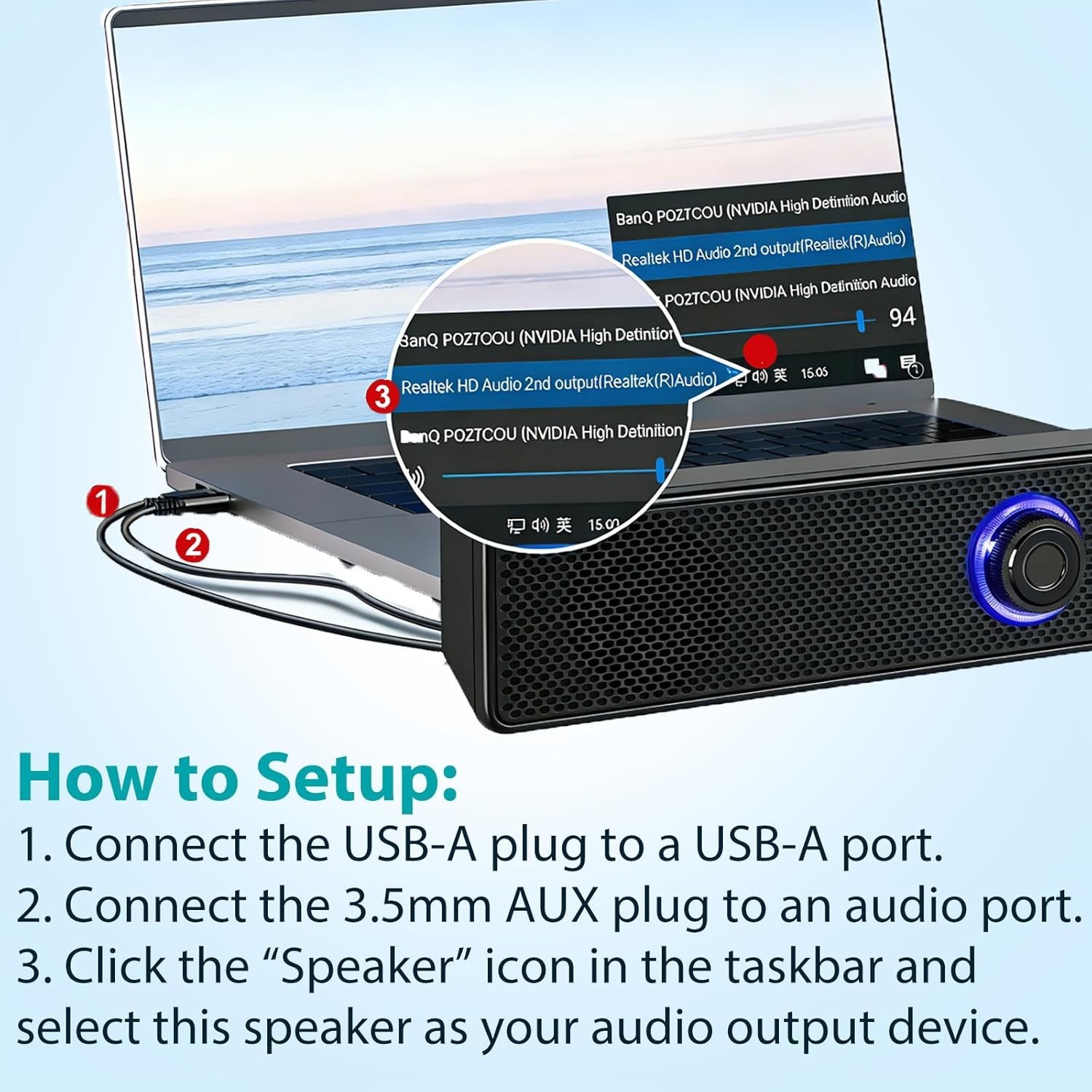Plug and Play Wired Stereo Speakers with USB-A and AUX for Computers & Laptops