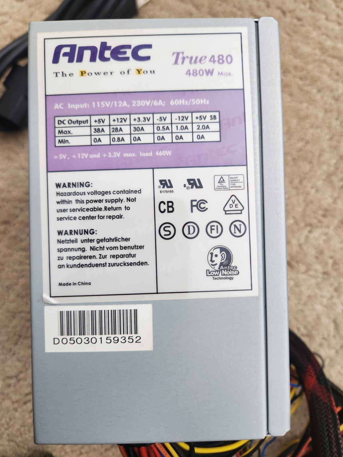 Antec True 480W ATX Power Supply PSU – Tested (see photo)