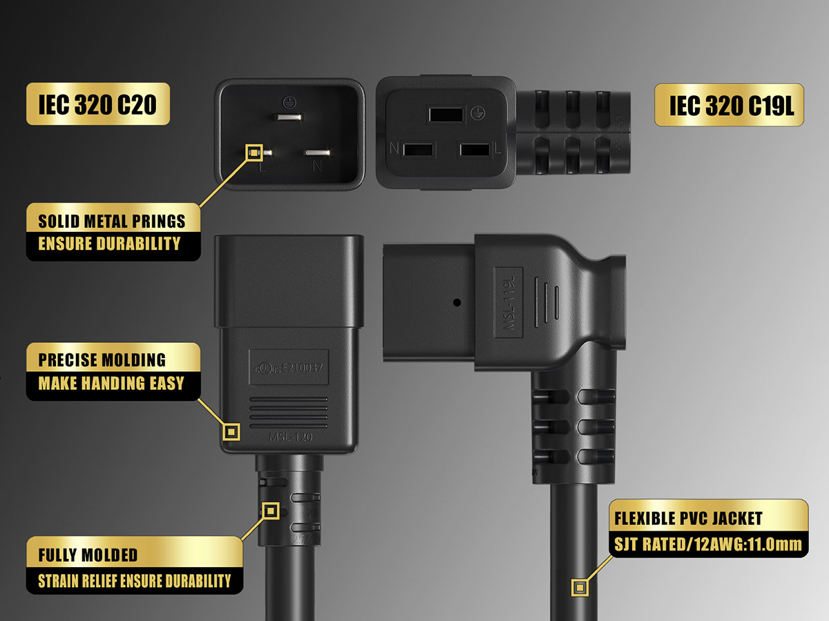 6ft C20 to Left Angle C19 Power Cord 12AWG 20A/250V UL, Black
