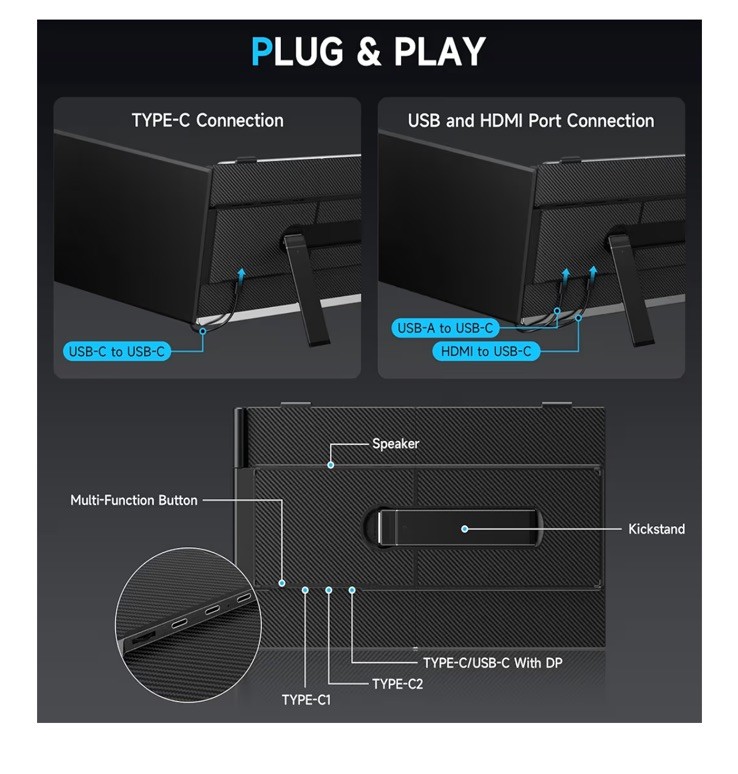 Hyangin S8 14″ Laptop Screen Extender 1080P IPS Portable Black