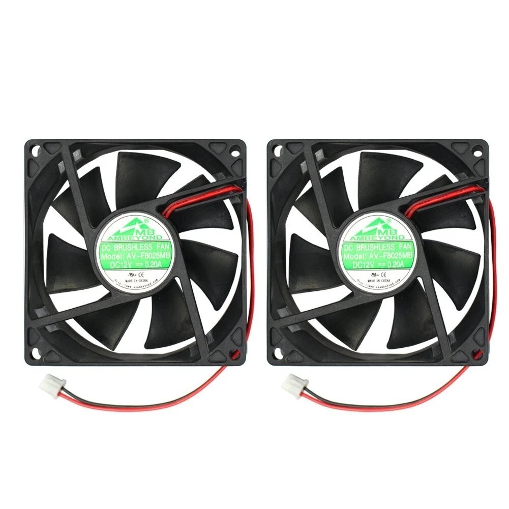 2 Pack 80mm by 80mm by 25mm 8025 12V DC 0.20A Ball Bearing Brushless Cooling Fan