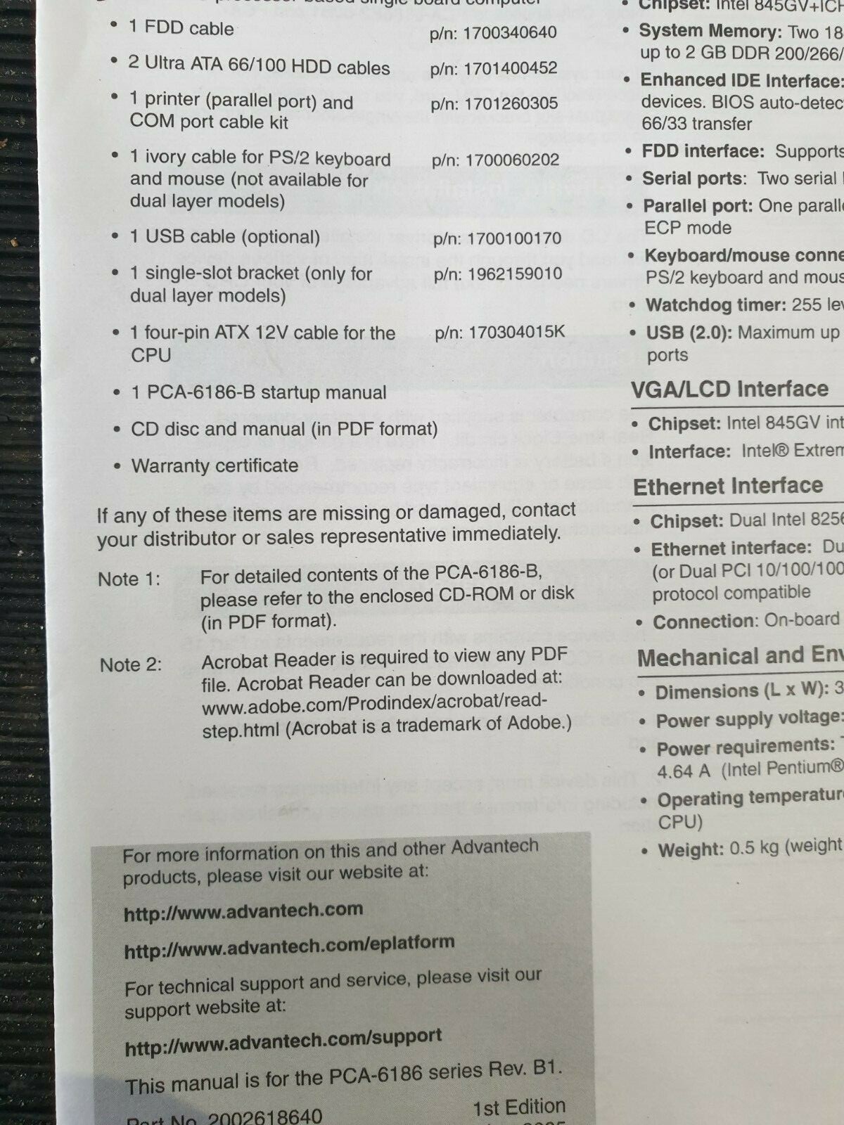 ADVANTECH SETUP CABLES / CD / INSTRUSTIONS FOR PCA-6186E2-00B2E V5.10 (R6S7.5)