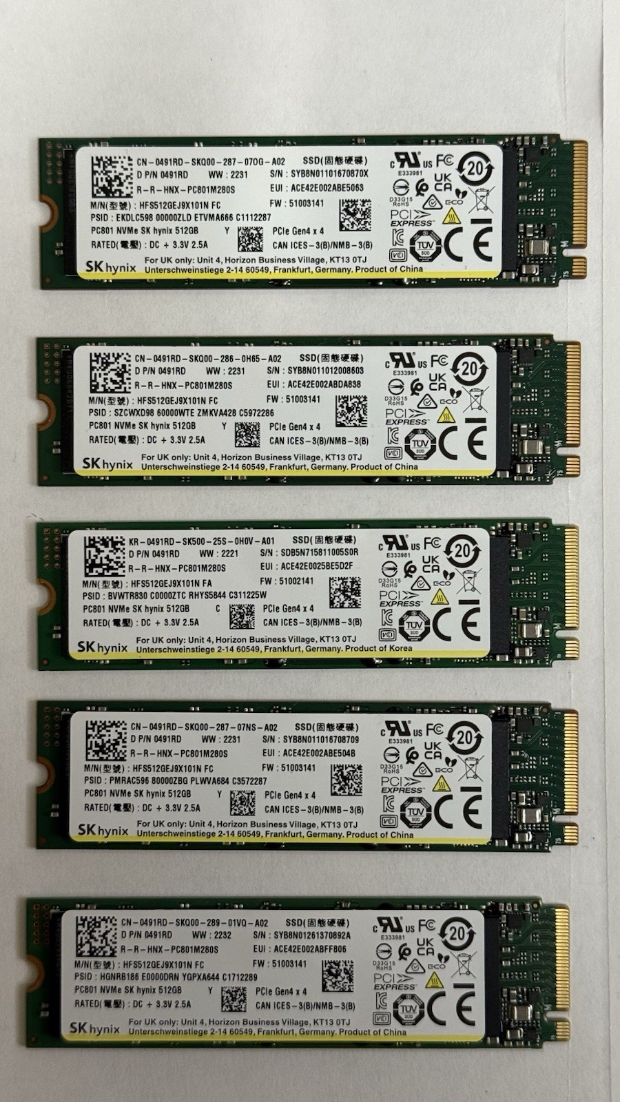 Lot of 150 SK hynix PC801 512GB NVMe M.2 2280 PCIe Gen4 x4 SSD Dell OEM