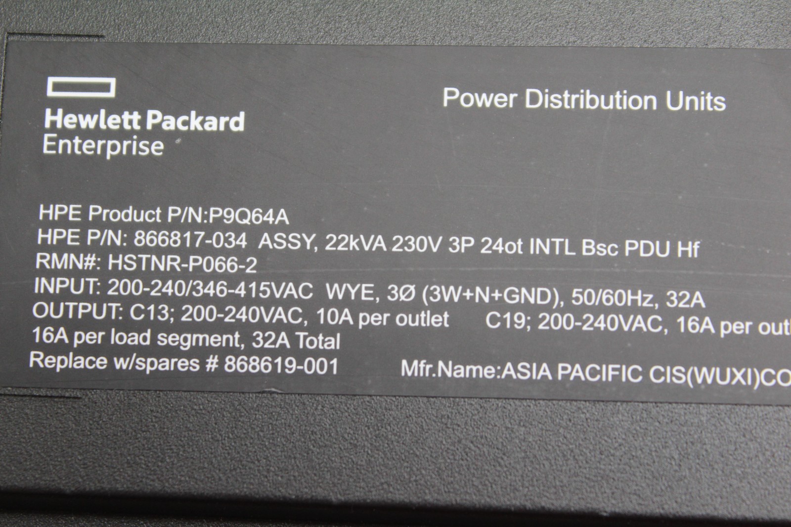 P9Q64A NEW HP G2 18x C13 12x C19 3 Phase 22kVA 32A 230V 0U Rack PDU 866817-034