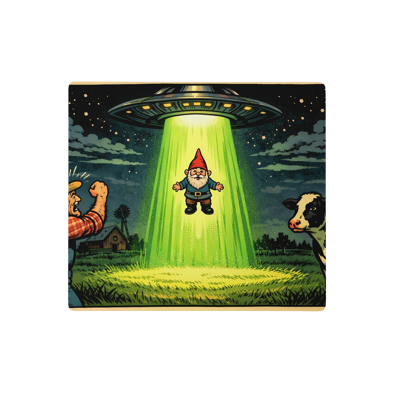 Gaming Mouse Pad Desk Mat – Retro UFO Gnome Abduction Sci-Fi Humor Art – XL XXL