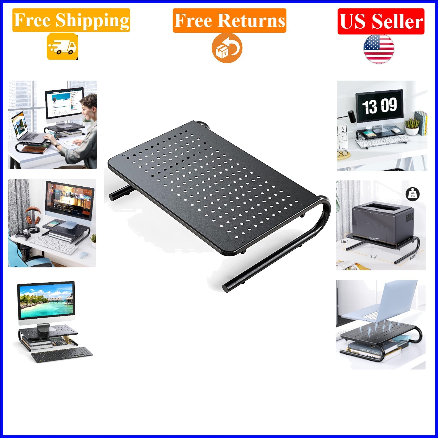 Black Steel Monitor Riser Stand for Desk, Laptop, Printer – 14.57×9.25in