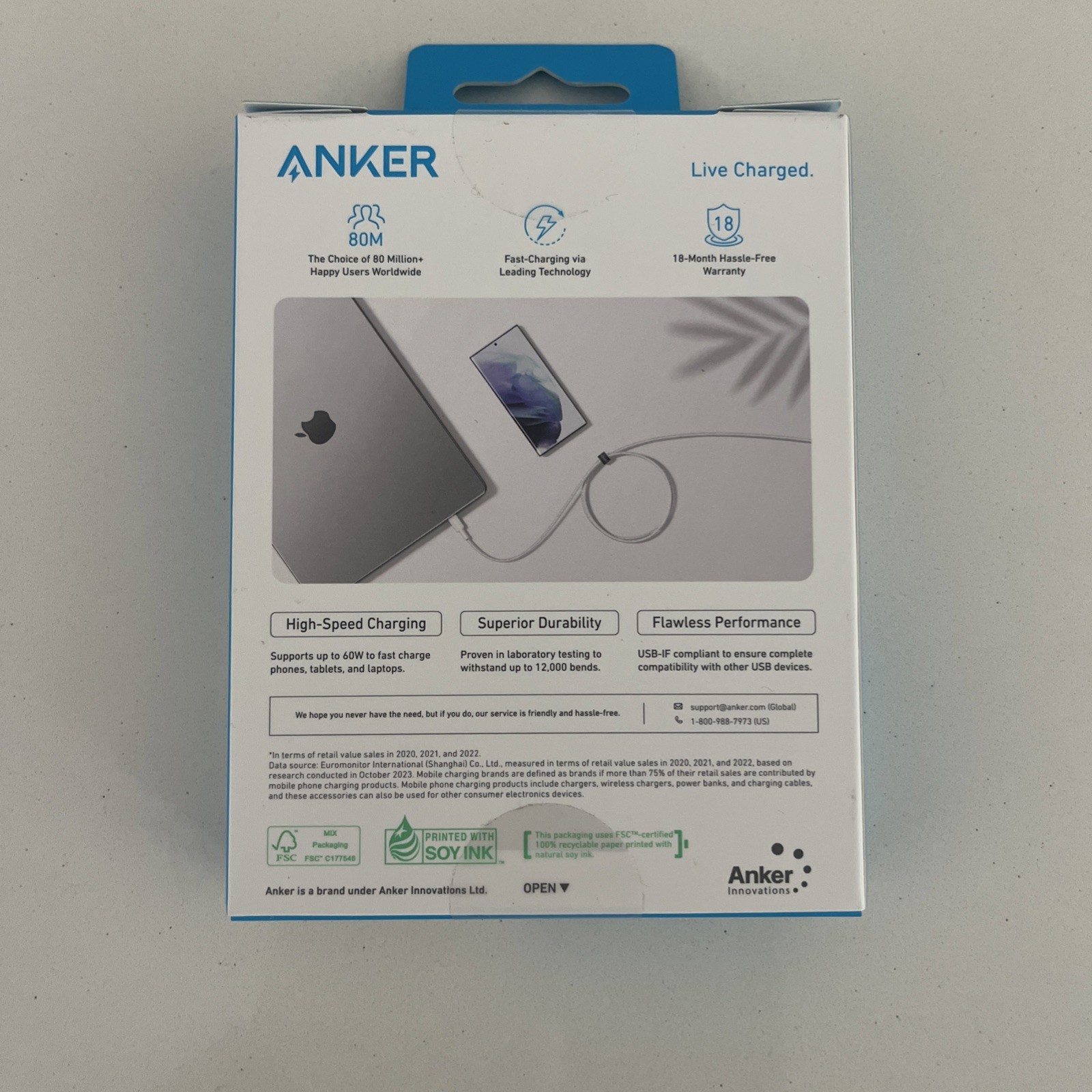 Anker 6′ 60W Braided USB-C to USB-C Max Fast Charging Cable – White