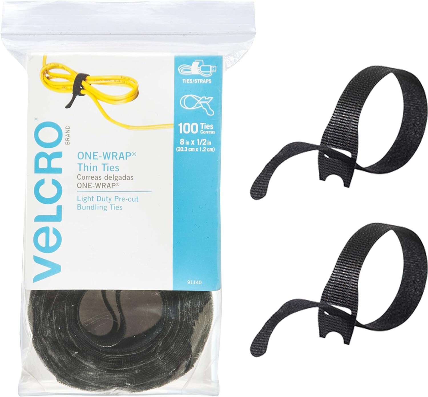 VELCRO Brand ONE-WRAP Cable Ties, 100Pk, 8 x 1/2″ Black Cord Organization Straps