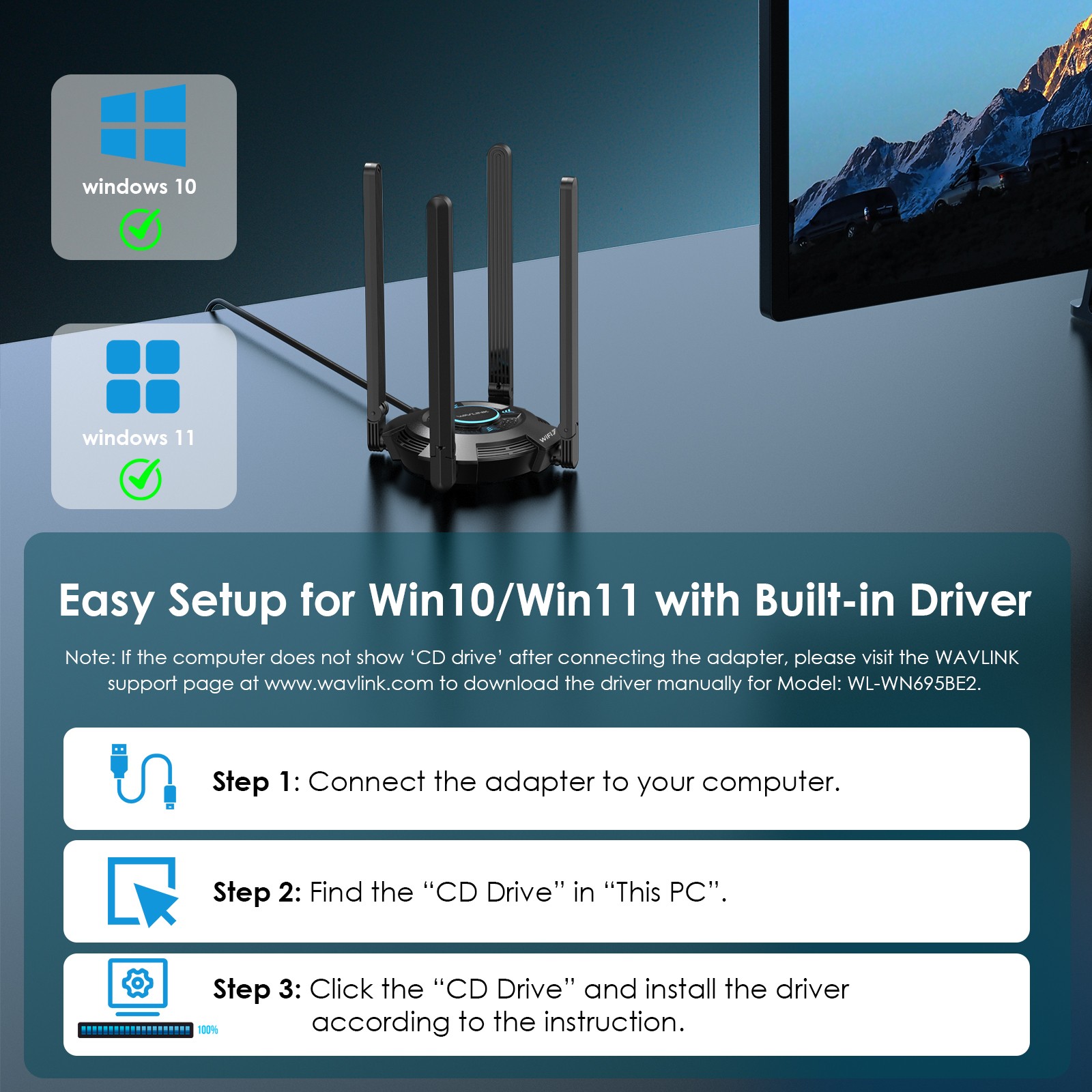 WiFi 7 BE6500 Tri-Band USB 3.0 Wireless Network Adapter with Built-in Driver