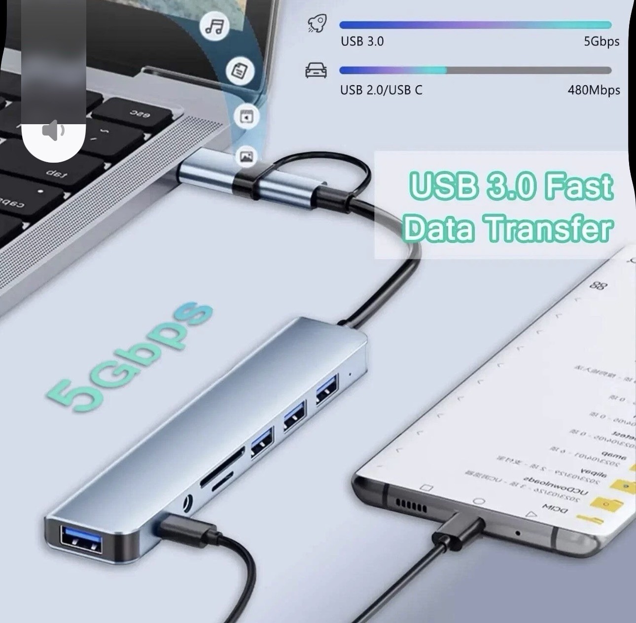 8 In 2 USB HUB With Splitter Card Reader, USB C Port, USB 3.0 / 2.0, SD/TF Split