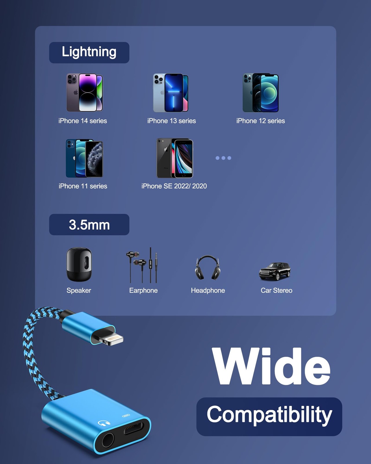 iPhone Headphone Adapter with Charge 2-in-1 Lightning to 3.5mm Female Blue