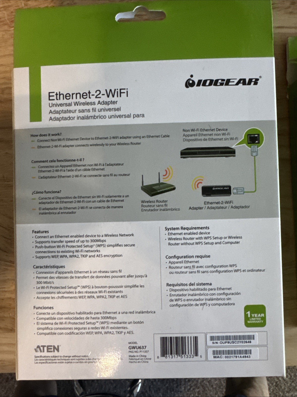 IOGEAR Universal Wireless Adapter Ethernet to WiFi Converter