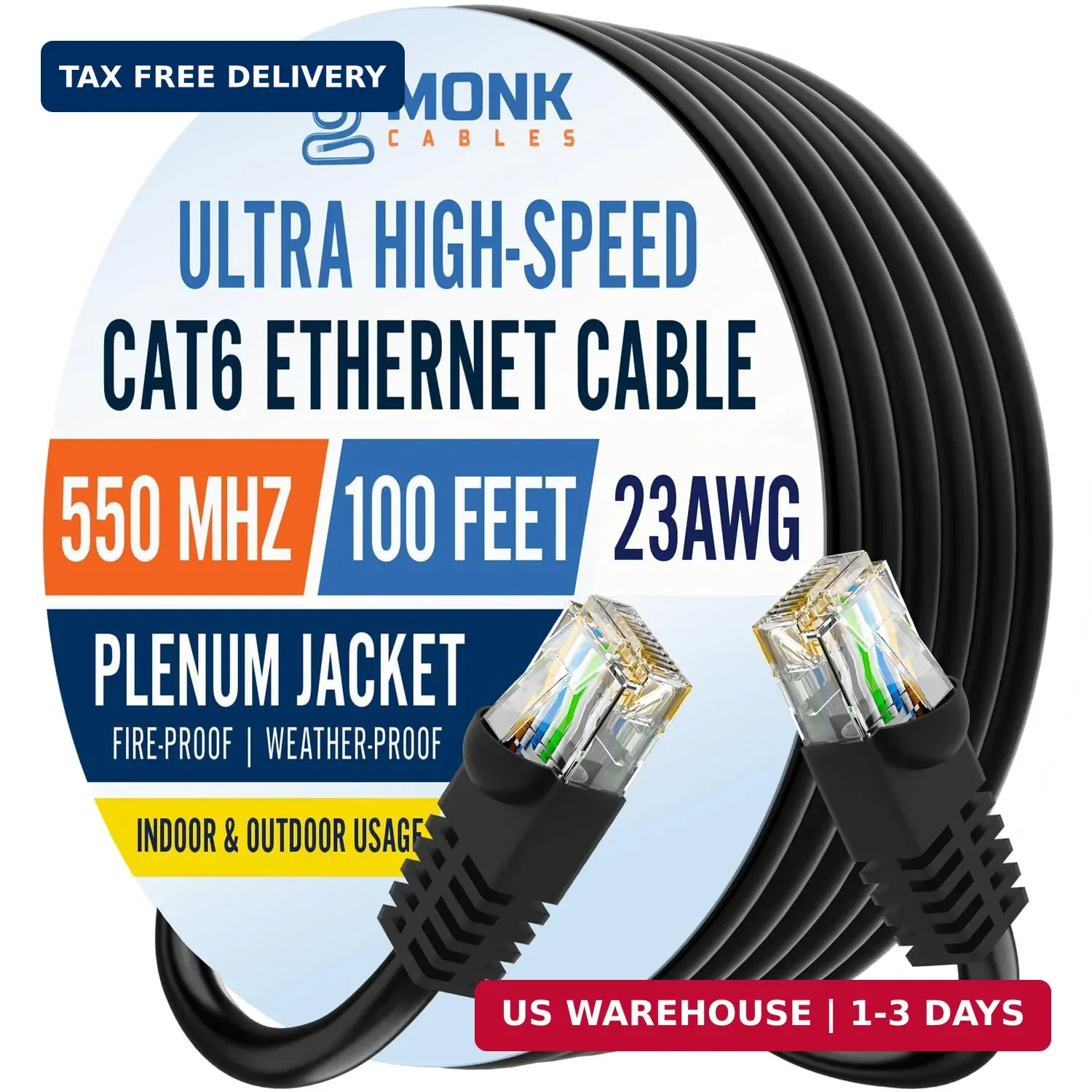 MONK CABLES | CAT6 Ethernet Cable | Plenum Rated | UTP, 23AWG, 550MHz | DSX-8000