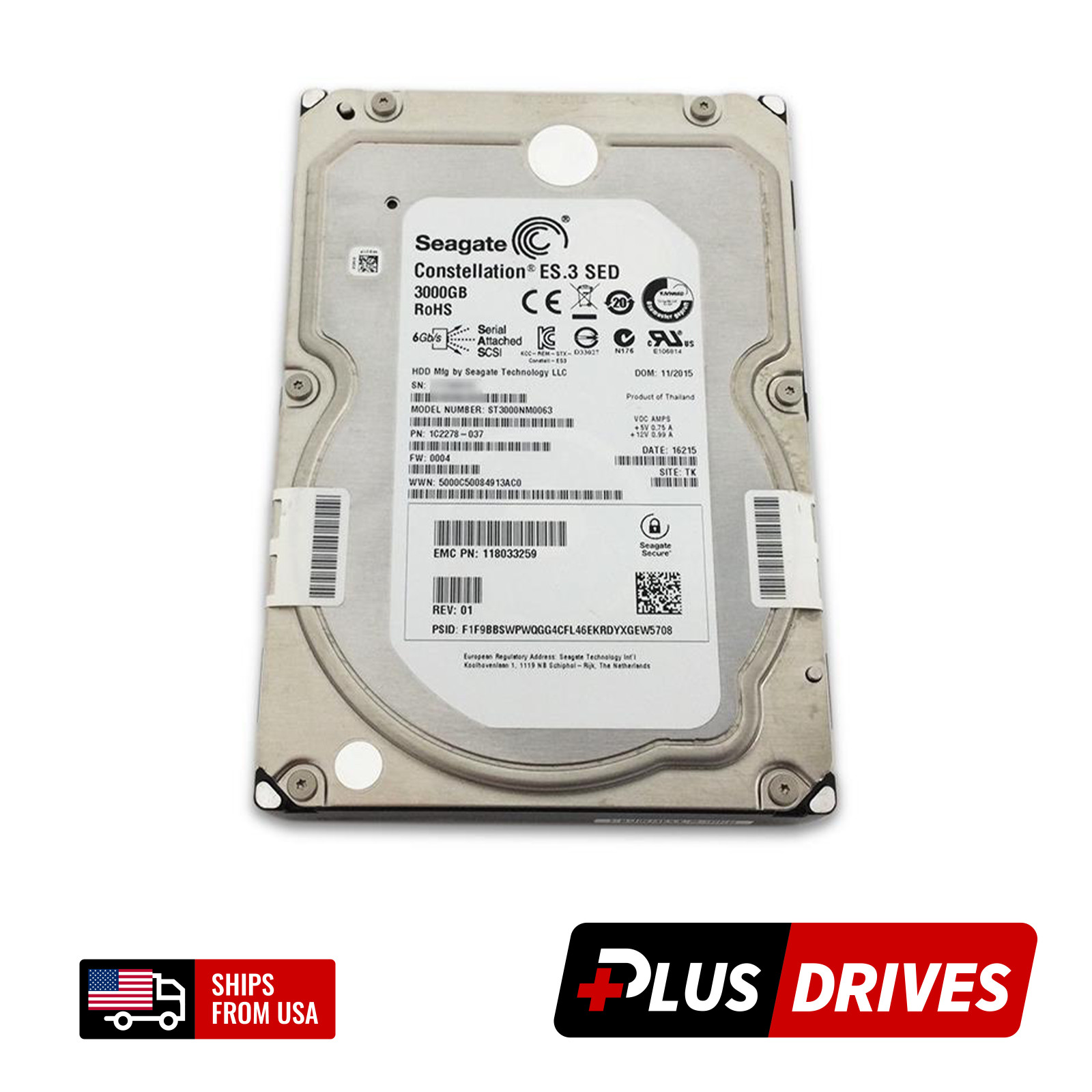 3TB SAS 3.5″ Seagate ES.3 SED 6Gbps 7.2K RPM 512n 128MB Enterprise Hard Drive