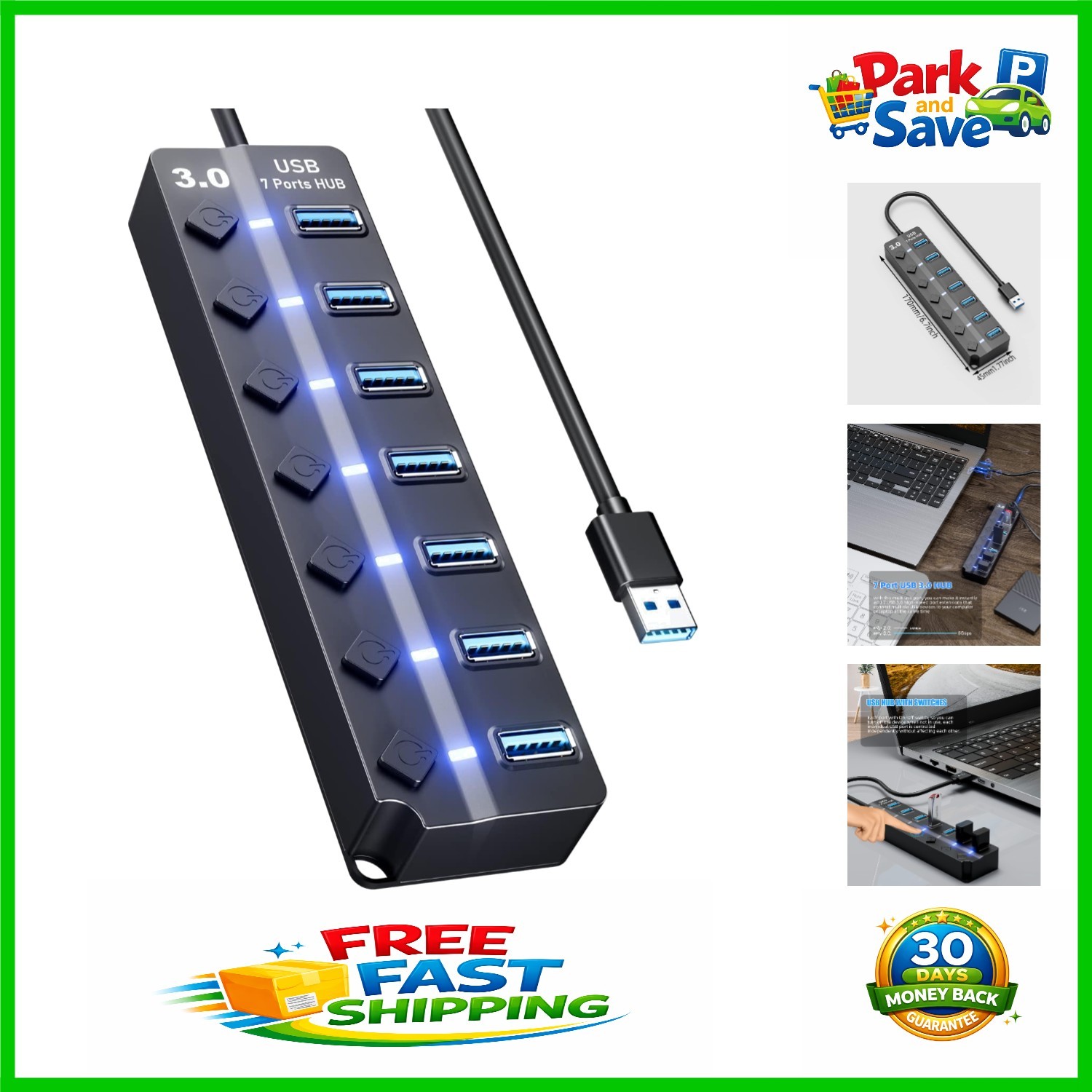 Plug and Play 7-Port USB Hub 3.0 for Fast Data Transfer and Easy Use