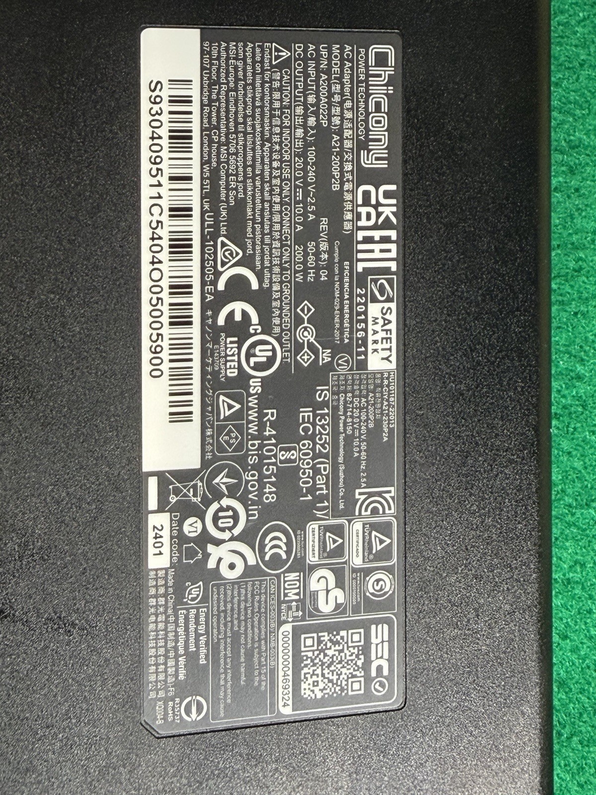 Chicony A21-200P2B 20V 10A 200W AC Power Adapter Charger for MSI Katana -RS