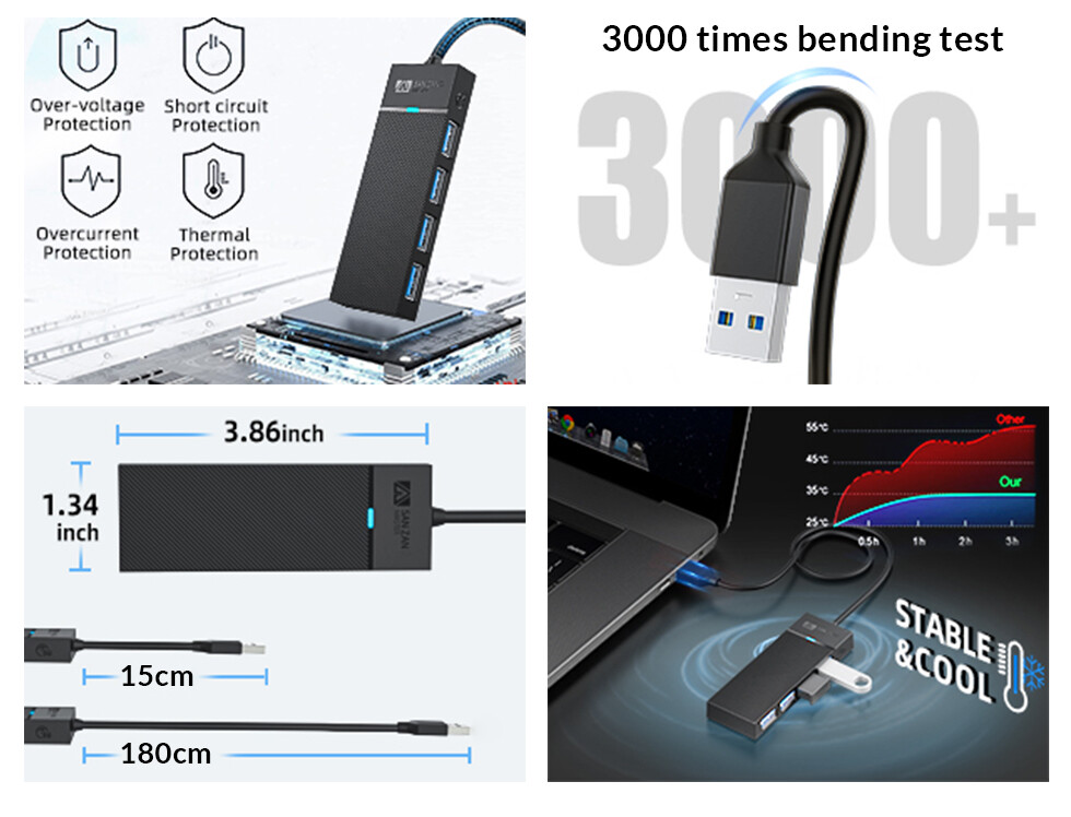 USB-A 4 Ports Hub Splitter USB 3.0 High Speed Adapter Multi Desktop PC Laptop