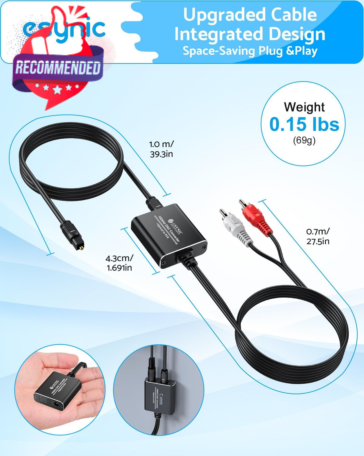 Portable Optical To Rca Adapter-6 Ft Long-built-in Dac Chip-easy To Setup-192khz