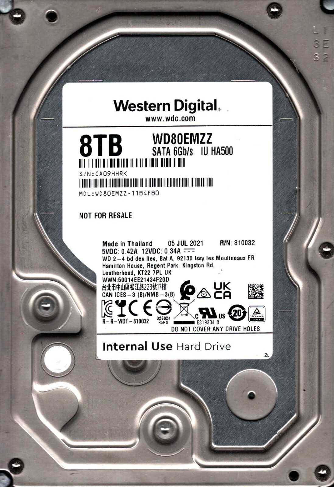 WD80EMZZ-11B4FB0 S/N: CA09H A82B03 WESTERN DIGITAL 8TB THAILAND JUL 2021