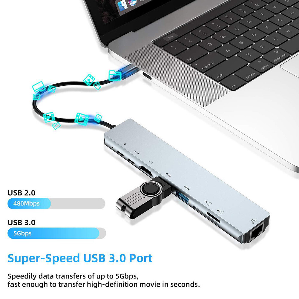 USB C Hub 8 in 1 USB C to HDMI Multiport Dongle Adapter 4K HDMI, 3 USB 3.0 Ports