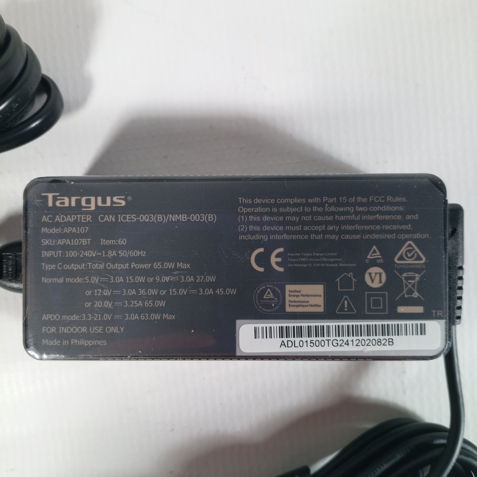 Targus AC Adapter 65W USB-C Laptop Tablet Phone Charger APA107