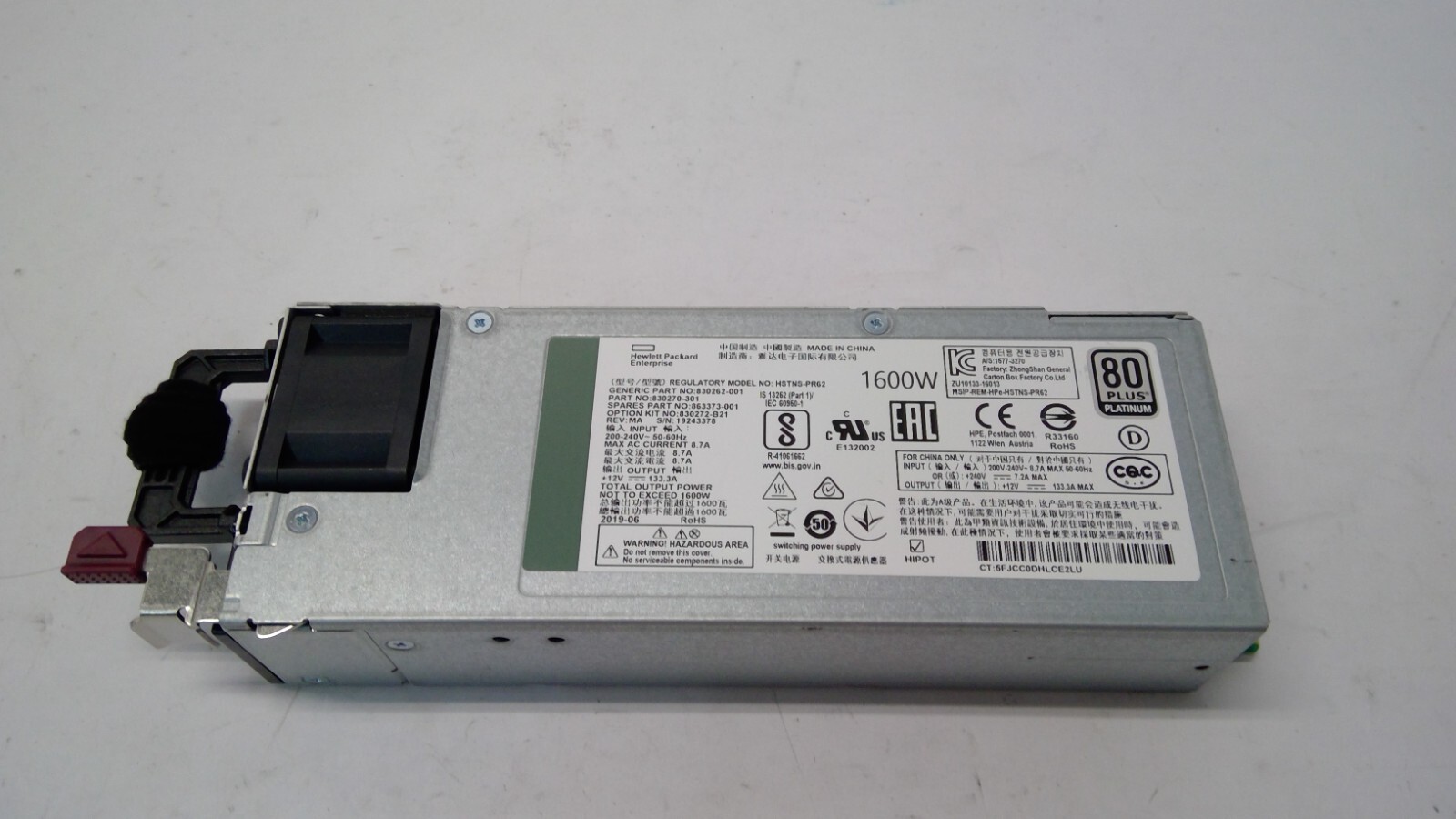 HP 863373-001 1600W 80 Plus Platinum Power Supply HSTNS-PR62 830270-301