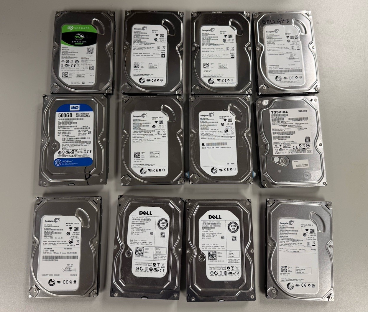 Lot Of 12 – 8 500gb Drives And 4 250gb Drives Seagate/Toshiba/WD/Dell